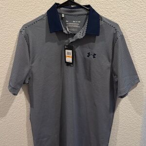 NWT Under Armour The Performance Polo Golf Blue White Strip Mens Size Small